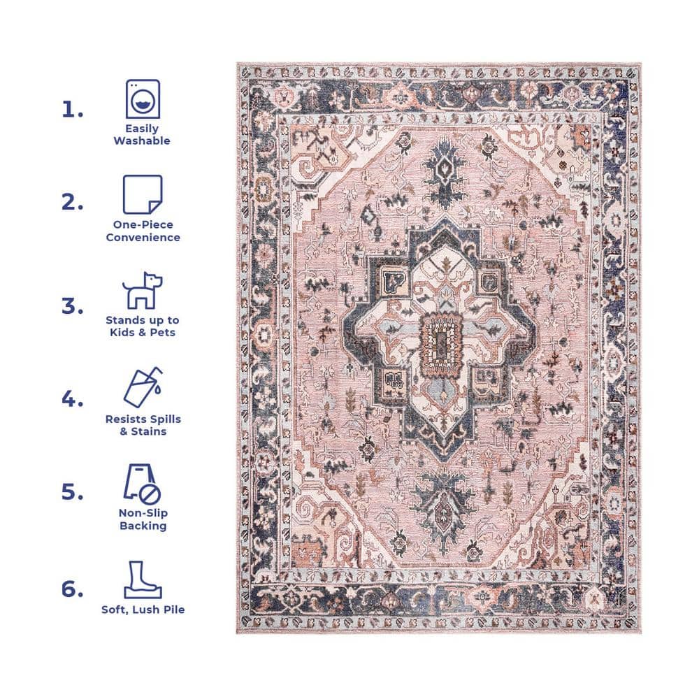 Eco-Friendly Sasha 8' x 10' Pink Medallion Washable Area Rug