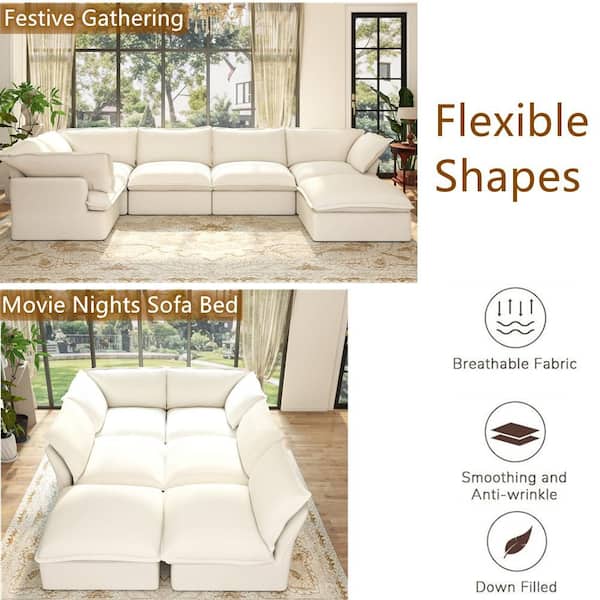 Large Storage 123 in. Flared Arm Linen Modular Cloud Sofa with Detachable Covers, Ottoman in. White