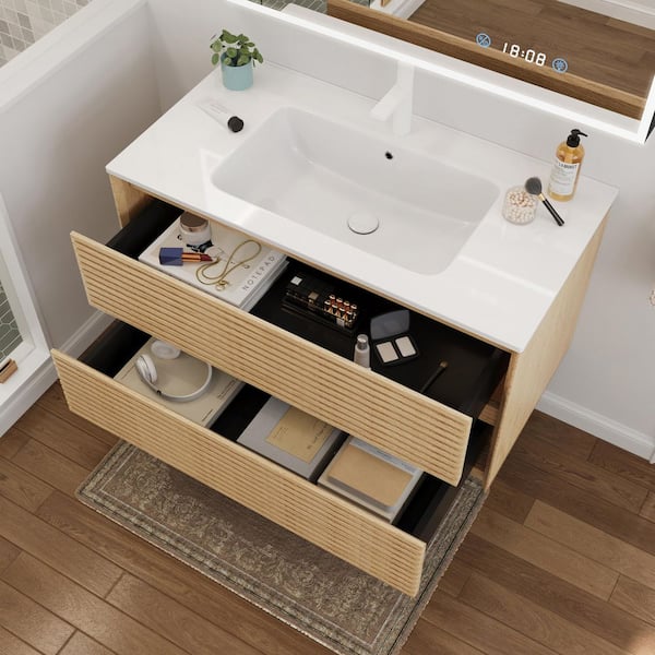 FAMYYT 36 in. W Floating Bathroom Vanity in Brown Walnut