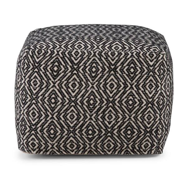 Simpli Home Graham Boho Square Pouf in Patterned Black, Natural Cotton