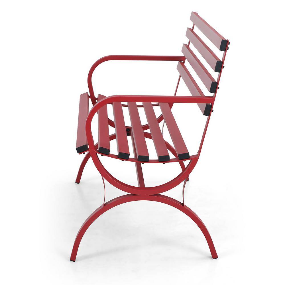 48-Inch Red Steel Slatted Outdoor Bench with Arms