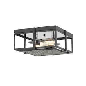 Halcyon 13.75 in. 2-Light Matte Black and Chrome Flush Mount Light with No Bulbs Included