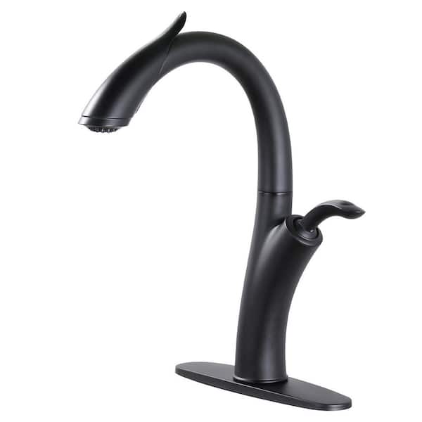 WOWOW 16.1 in. Single Handle Pull Down Sprayer Kitchen Faucet with Gooseneck and 360° Swivel Spout in Matte Black