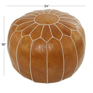 18 in. Light Brown Leather Moroccan with White Stitching Floral Pouf