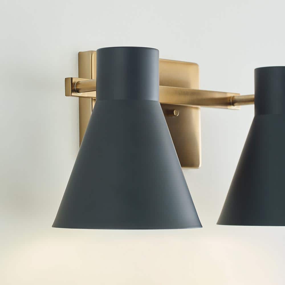 Towner Satin Brass 2-Light Vanity with Black Steel Shades