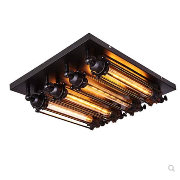 OUKANING 18.11 in. 4-Light Black Industrial Style Square Semi-Flush Mount Ceiling Light with Glass Shade and No Bulbs Included