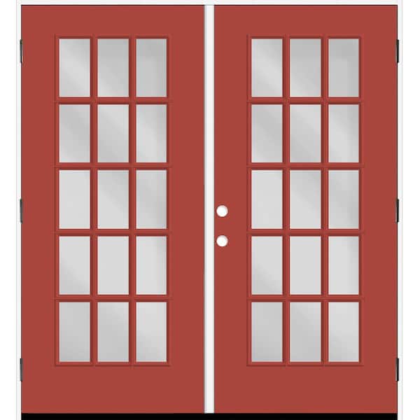 Steves & Sons Reliant 64 in. x 80 in. Full Lite 15L Clear Glass LHOS M. Red Finish Fiberglass Double Prehung Front Door 6 in. Jamb