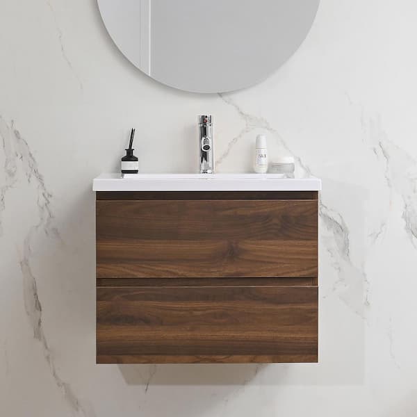Wonline 24 in. W x 18 in. D x 20 in. H Single Sink Floating Bath Vanity in Black Walnut with White Resin Top Assembled