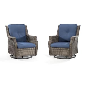 Wicker Patio Outdoor Lounge Chair Swivel Rocking Chair with Blue Cushions (2-Pack)