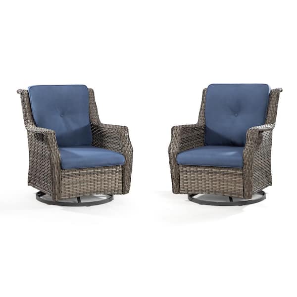 JOYSIDE Wicker Patio Outdoor Lounge Chair Swivel Rocking Chair with Blue Cushions (2-Pack)