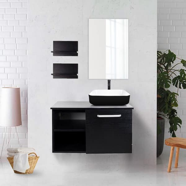 Puluomis 28 in. W x 19 in. D x 16 in. H Single Sink Bath Vanity in Black with Black Solid Surface Top and Mirror