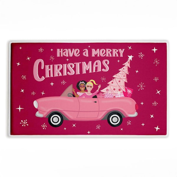 Midcentury Pink Christmas 18 in. x 30 in. Pink Polka Dot Polyester Blend Rectangle Bath Mat