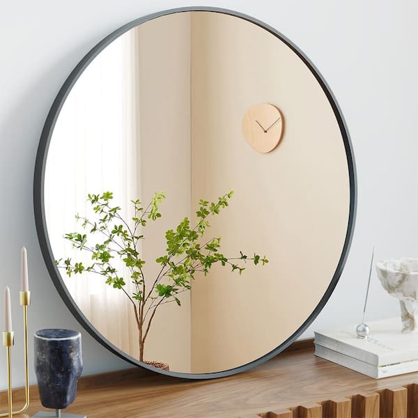 Blisstyle Black 24 in W x 24 in. H Farmhose Round Glass Framed Mirror Wall Mirror Wall Decor Mirror
