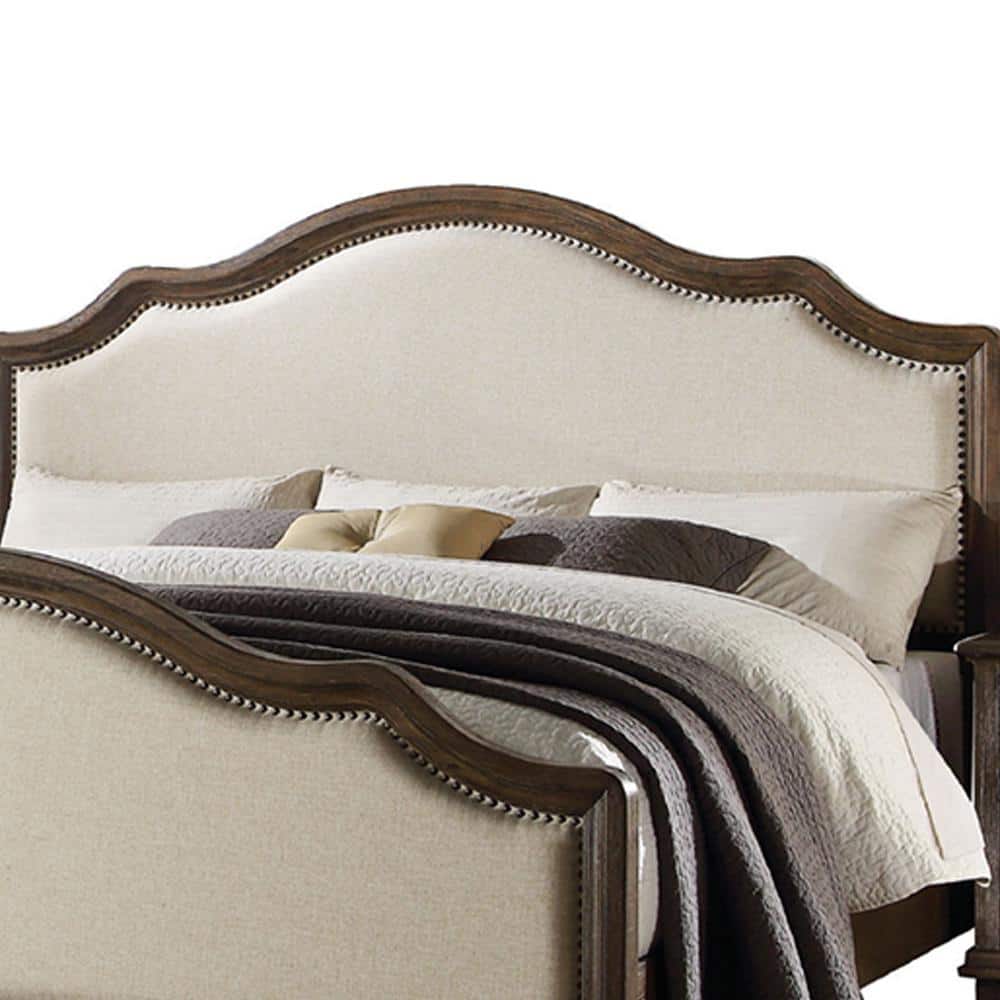 Elegant Queen Bed with Nailhead Trim in Beige Linen & Weathered Oak