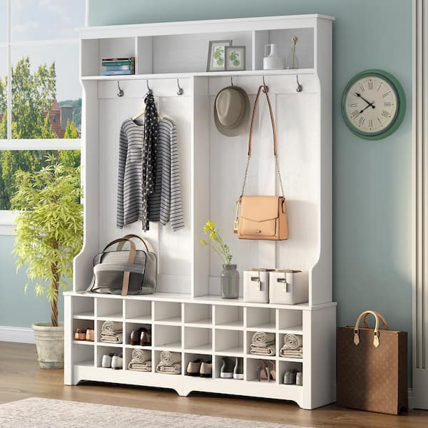 CSC DECOR INC White Hall Tree Coat Rack with Bench, Hooks and 24-Storage Cubbies for Entryway Hallway