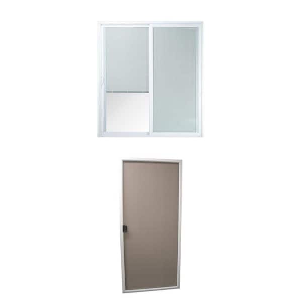 72 in. x 80 in. White Vinyl Sliding Patio Door with Blinds and 35.5 in. x 77.875 in. Aluminum Patio Screen Combo