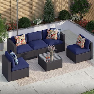 Dark Brown Rattan Wicker 5 Seat 6-Piece Steel Outdoor Patio Conversation Set with Blue Cushions and Coffee Table