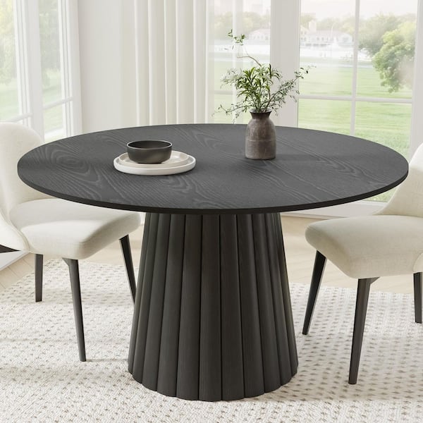 Cone Black Colored Wood 52" Column Base Wide Strip Straight Edge Dining Table for 6
