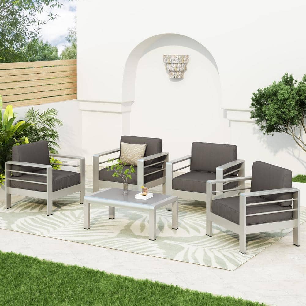 Cape Coral 5-Piece Silver Aluminum Patio Set with Khaki Cushions
