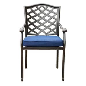 Garden Espresso Brown Aluminum Outdoor Patio Dining Chair With Armrest and Navy Blue Cushioned (2-Pack)
