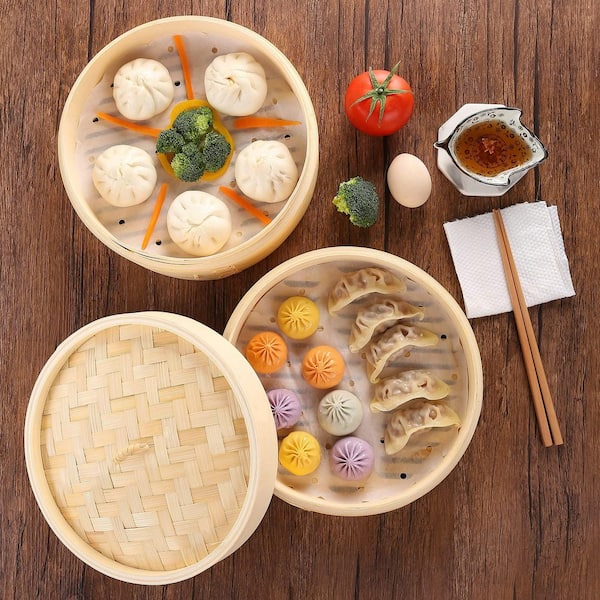 Wudkey 2-Tier 10 in. Bamboo Steamer Basket for Cooking Dim Sum
