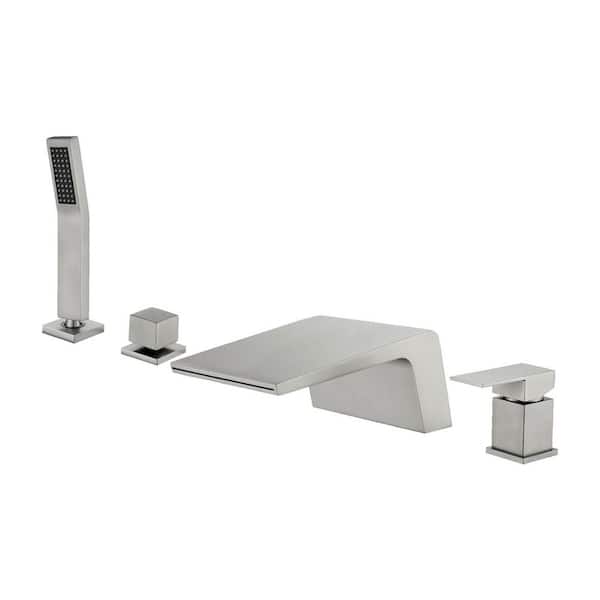 Single-Handle Tub Deck Mount Roman Tub Faucet with Hand Shower and Water Suply Hose in Brushed Nickel