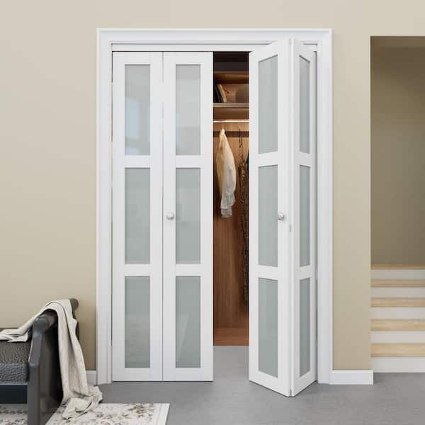 48 in. x 80 in. 3-Lite Tempered Frosted Glass and Solid Core White Finished Close Bi-Fold Door with Hardware
