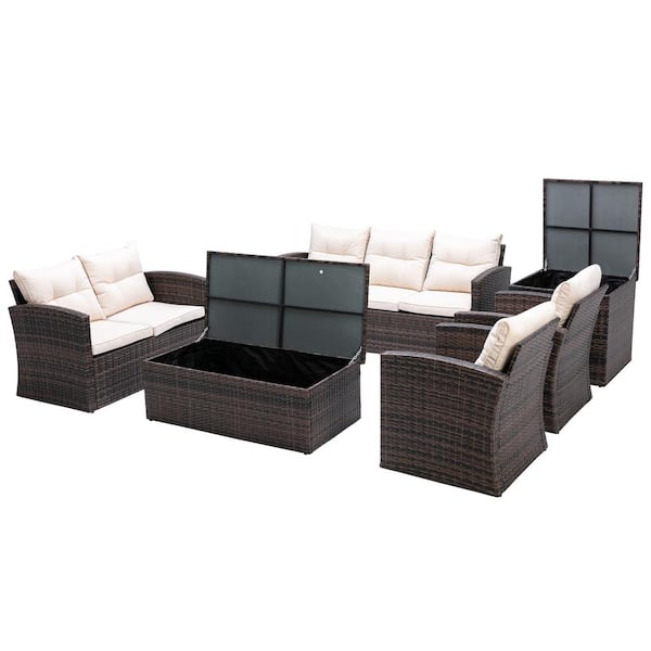 SunFurnn Brown 6-Piece Wicker Rattan Outdoor Sectional Set with Beige Cushion, Table with Storage