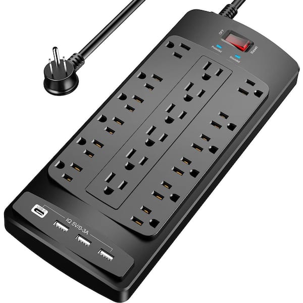18-Outlets Power Strip 6 ft. Extension Cord 4 USB Ports Heavy Duty Surge Protector 2100 Joules ETL Listed Black