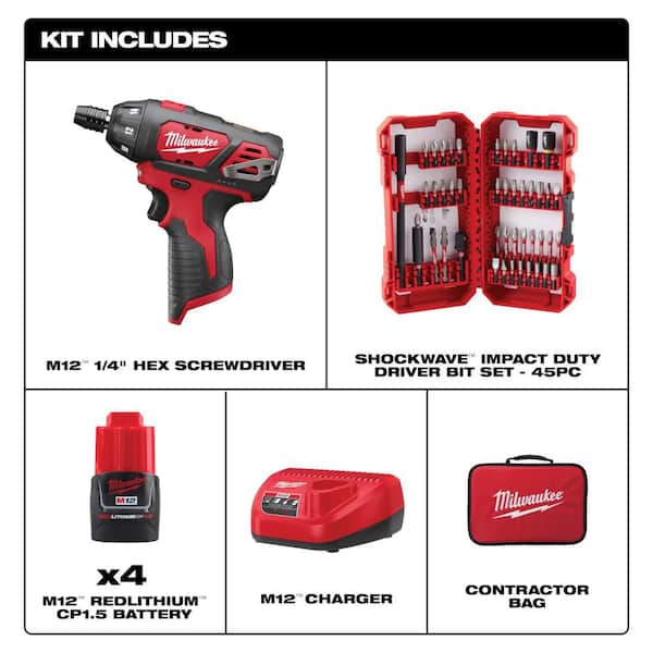 M12 12V Lithium-Ion Cordless 1/4 in. Hex Screwdriver Kit w/ (4) 1. 5Ah Batteries, Charger, Bag, and Bit Set