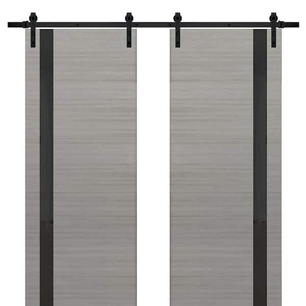 Sartodoors 42 in. x 84 in. 2 Panel Frosted Glass Gray Ash Solid Wood Sliding Barn Door with Hardware Kit