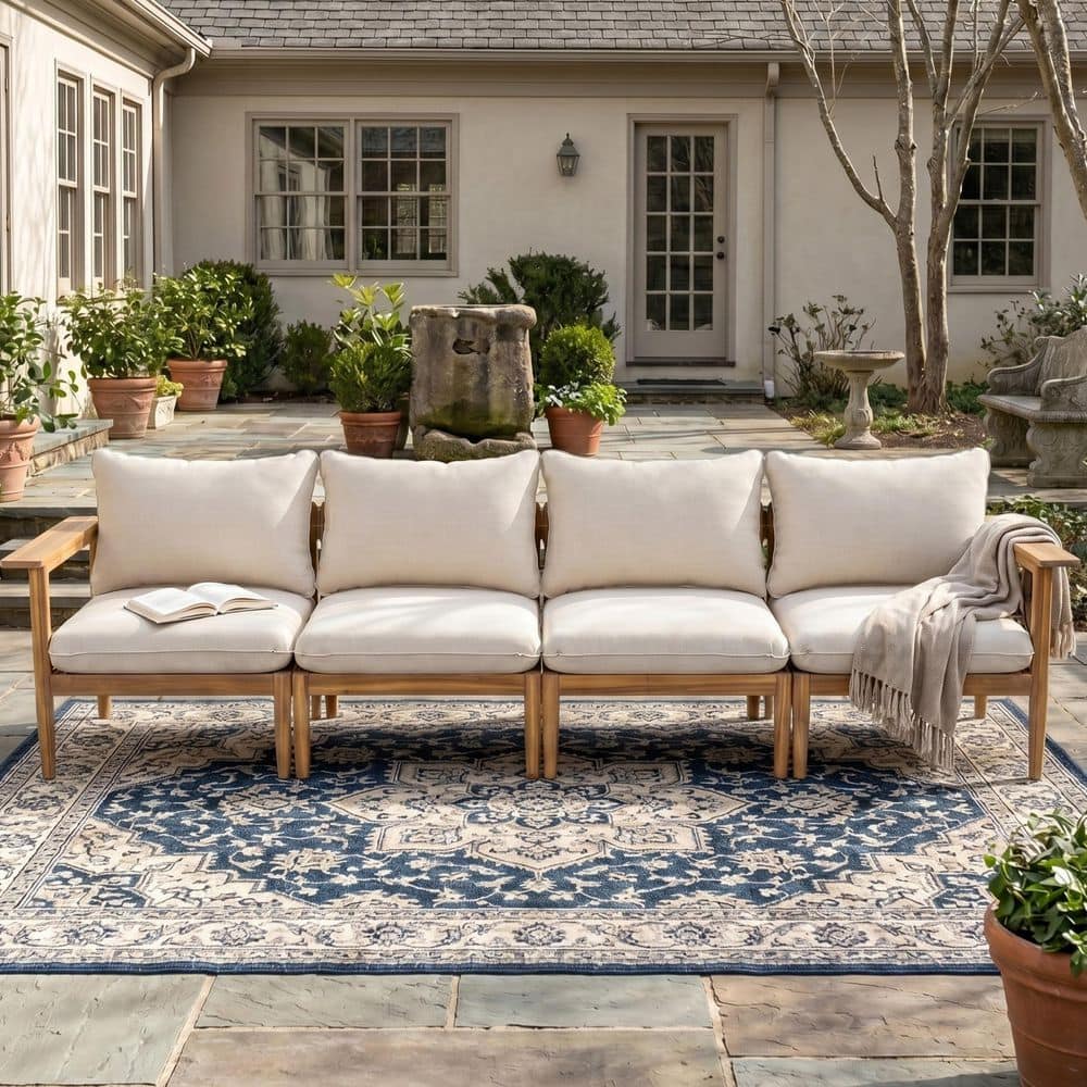 Claremont Patio Light Teak Finish Solid Wood Outdoor 4-Seater Sectional Sofa Conversation Set with Beige Cushions price history on PriceWatchPro