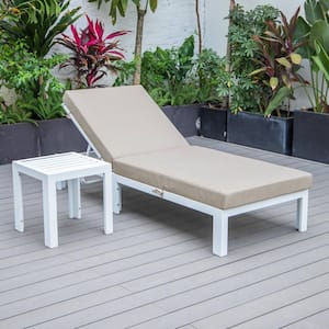 Chelsea Modern White Aluminum Outdoor Patio Chaise Lounge Chair with Side Table and Beige Cushions