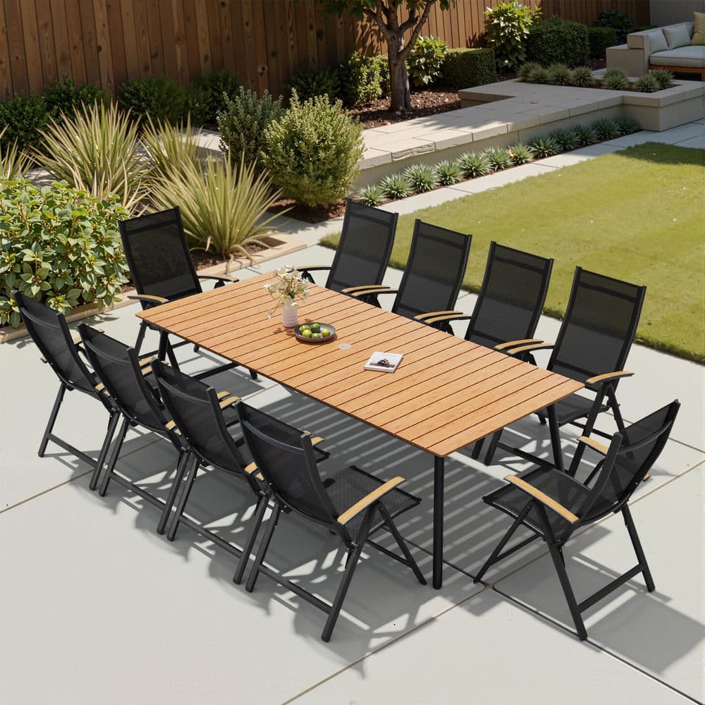 11pcs Aluminum Frame Outdoor Patio Dining Set Textilene Fabric Foldable Chair Brown Table with Umbrella Hole For Yard price history on PriceWatchPro