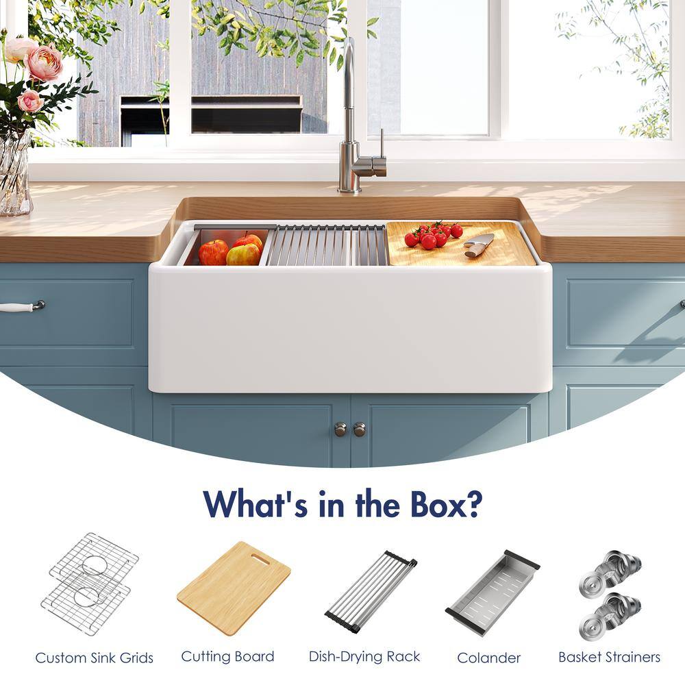 Crisp White Ceramic Double Bowl Farmhouse Kitchen Sink with Accessories