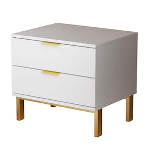 2-Drawer White Wooden Nightstand Bedside Table with 4-Gold Metal Legs 15.7 in. D x 19.7 in. W x 17.9 in. H