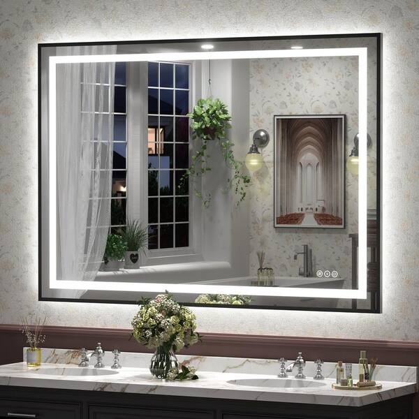 51 in. W x 36 in. H Rectangular Framed Front and Back LED Lighted Anti-Fog Wall Bathroom Vanity Mirror in Tempered Glass
