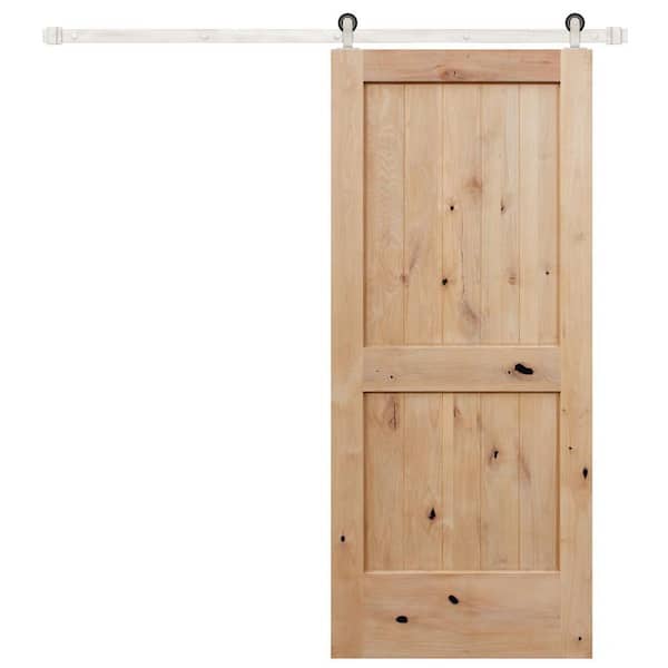 Pacific Entries 42 in. x 84 in. Rustic Unfinished 2-Panel V-Groove Knotty Alder Wood Sliding Barn Door with Satin Nickel Hardware
