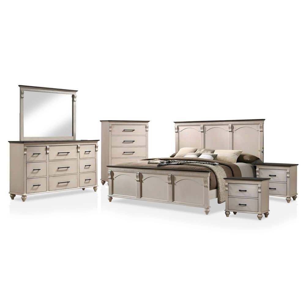 Furniture of America Brekken 6Piece Antique White and Walnut King