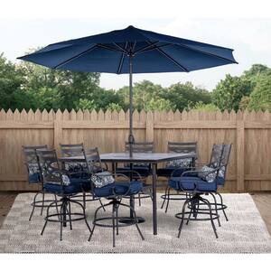 Montclair 9-Piece Steel Outdoor Dining Set with Navy Blue Cushions, 8 Swivel Chairs, 60 in. Table and Umbrella