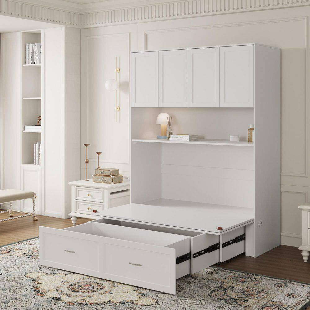 White Wood Frame Full Size Platform Bed, Murphy Bed with 3-Large Storage Shelves, Bed and Bookcase 2 in 1 - thumbnail 4