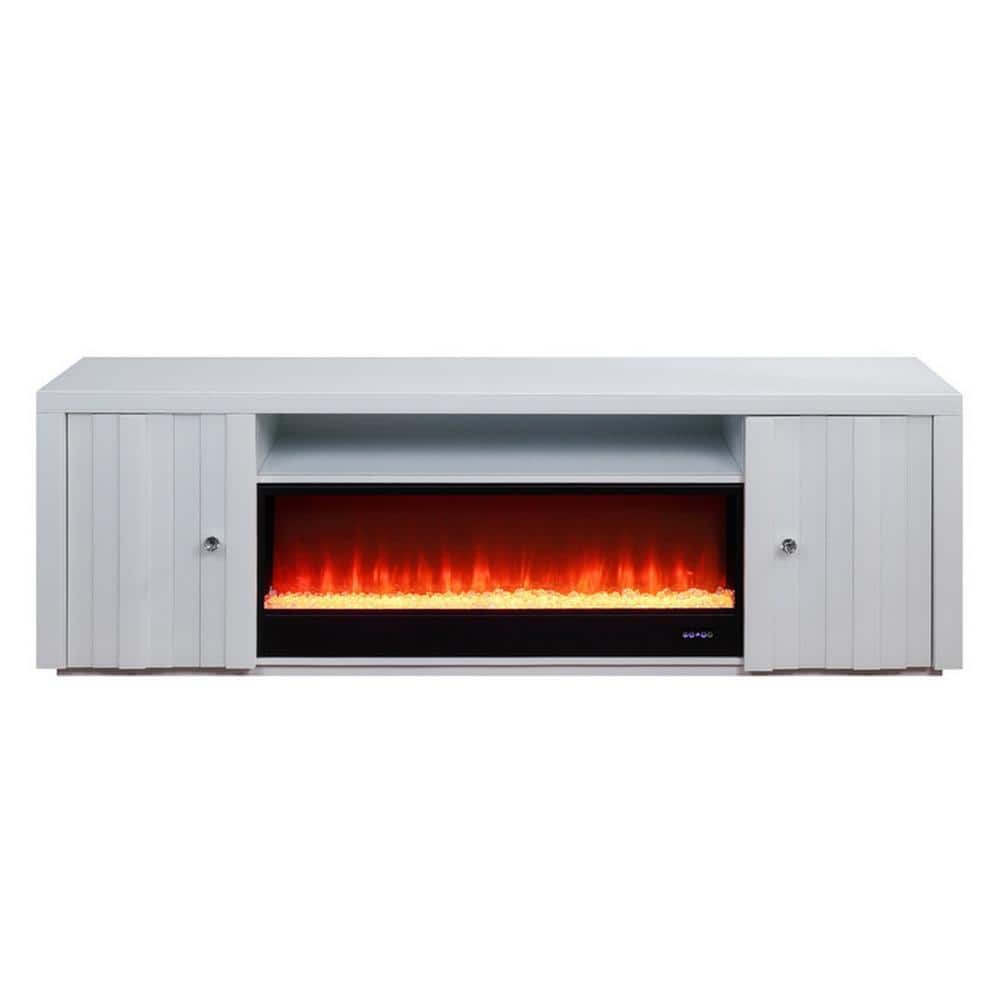 White Solid Wood TV Stand with Electric Fireplace and Cabinets