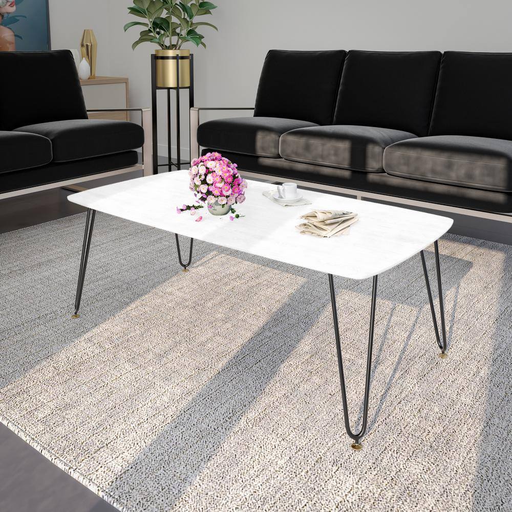 Elmwood 47 in. Coffee Table Modern Rectangular MDF Wood Tabletop with Sturdy Iron Legs Accent Table in White