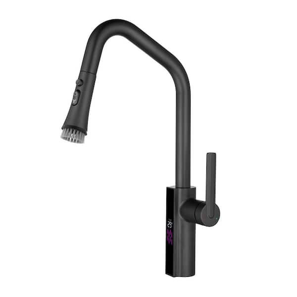 AIMADI Digital Display Single Handle 21.46 In Pull Down Sprayer Kitchen Faucet with 180° Swivel Spout in Matte Black