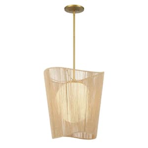 Key Largo 100-Watt 1-Light Soft Brass Shaded Pendant Light with Etched Opal Glass and Natural Rope Shade