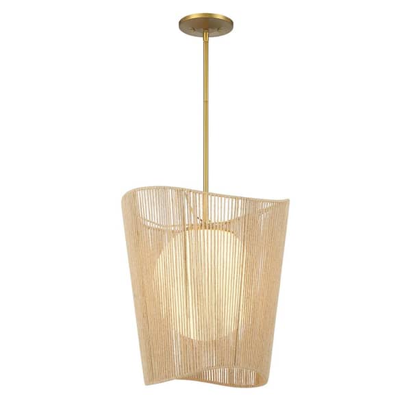 Minka Lavery Key Largo 100-Watt 1-Light Soft Brass Shaded Pendant Light with Etched Opal Glass and Natural Rope Shade