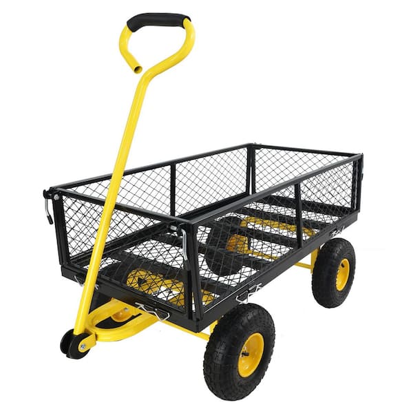4 cu. ft. Metal Black Garden Cart, W/180° Adjustable Yellow Handle, Heavy-Duty 600 lbs. Capacity
