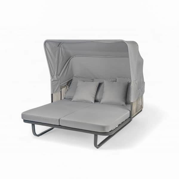 Wicker Outdoor Day Bed Lounge with Retractable Canopy, Gray Cushions