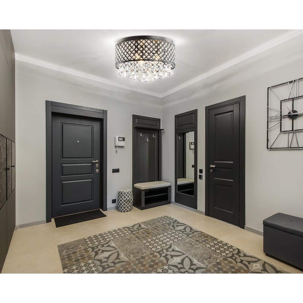 Black Crystal Drum LED Flush Mount Ceiling Light, 17"