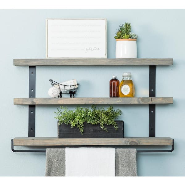 Del Hutson Designs Industrial Grace 5.5 in. x 36 in. x 20 in. Gray Pine Wood 3-Tier with Towel Bar Decorative Wall Shelf with Brac